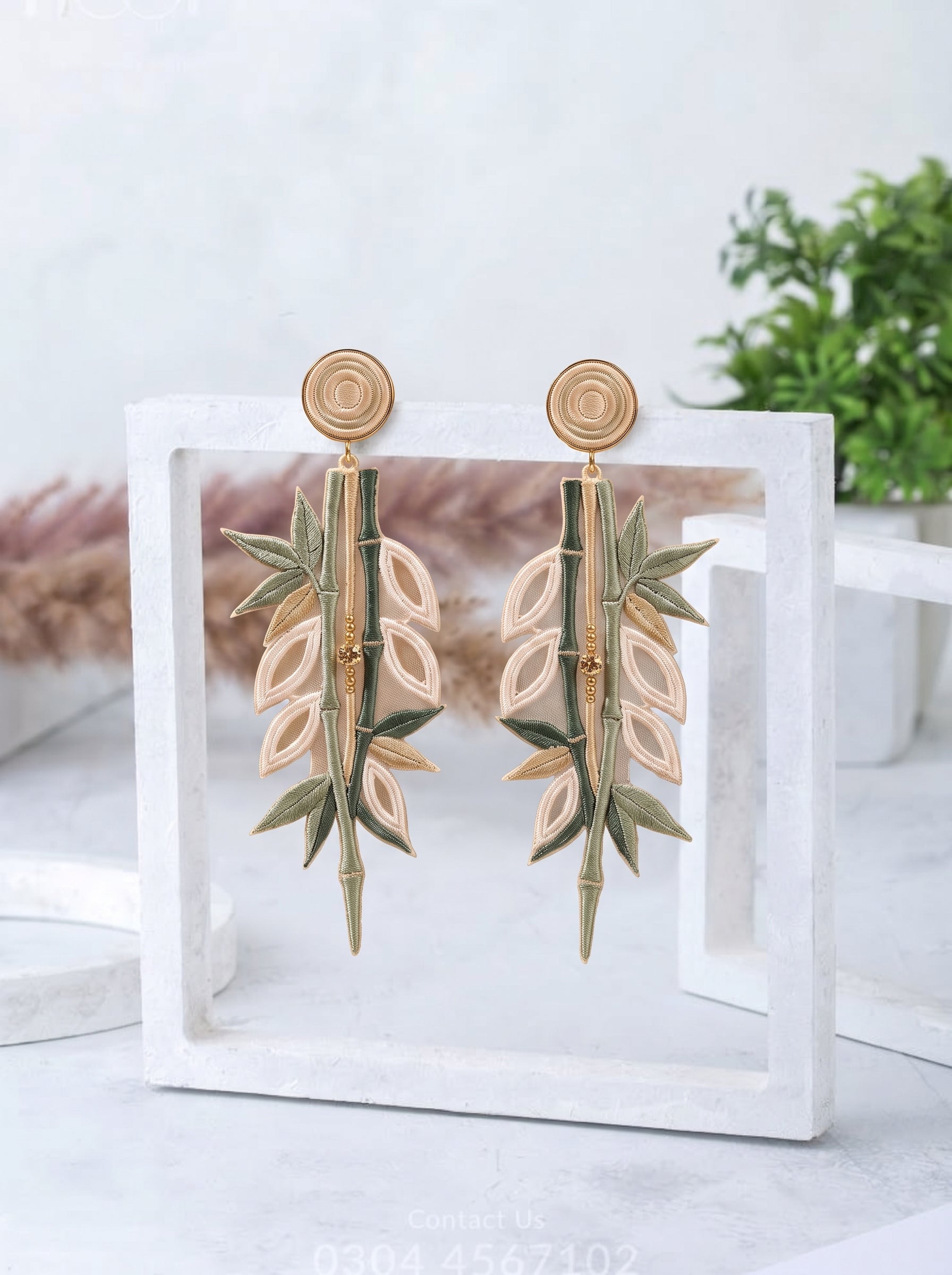 Bamboo Leaf Embroidery Drop Earrings