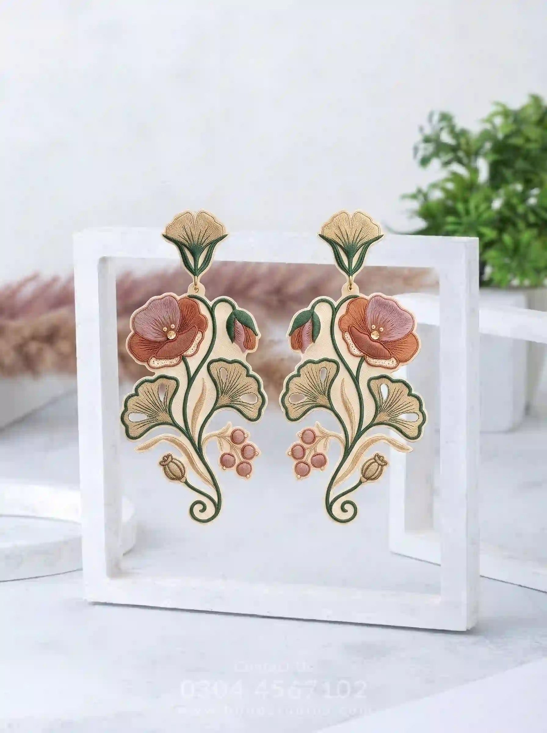 Botanical Poppy Embroidery Drop Earrings