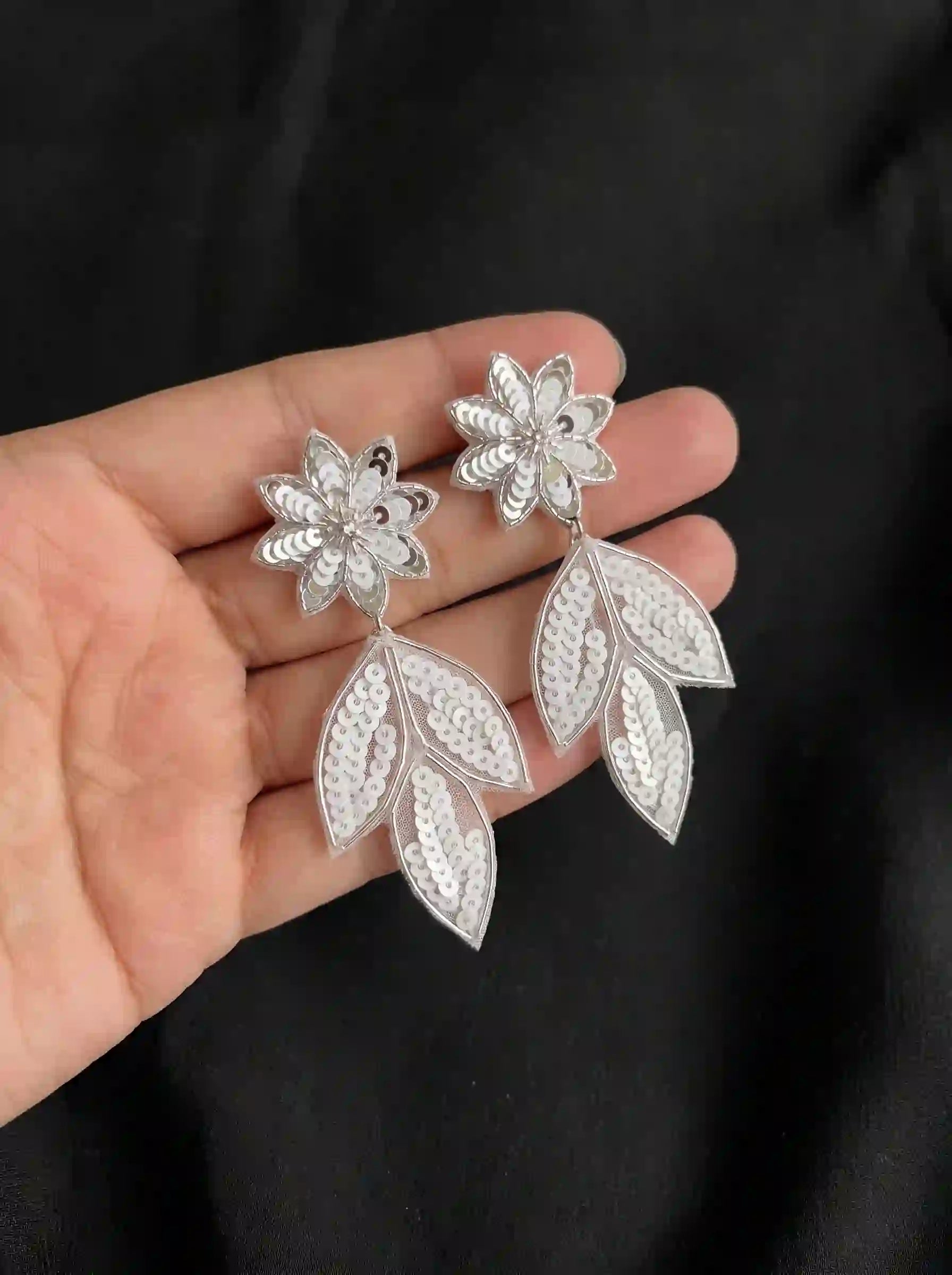 White Sequin Flower Leaf Drop Earrings