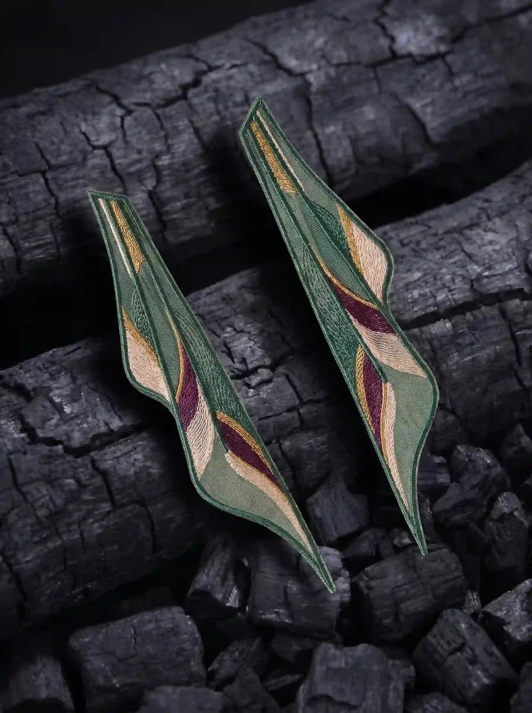 Elongated Leaf Embroidery Drop Earrings
