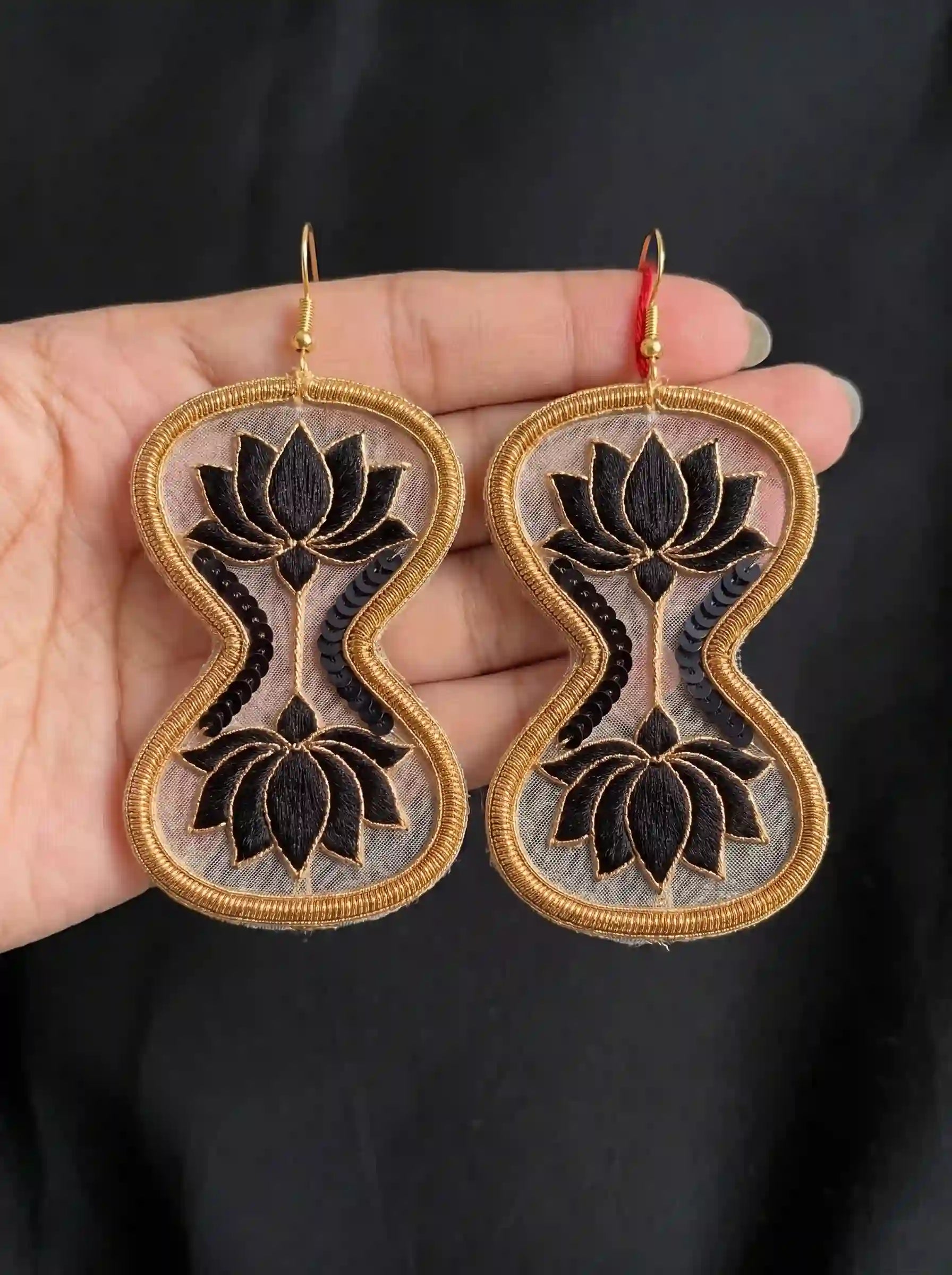 Black Lotus Gold Frame Drop Earrings