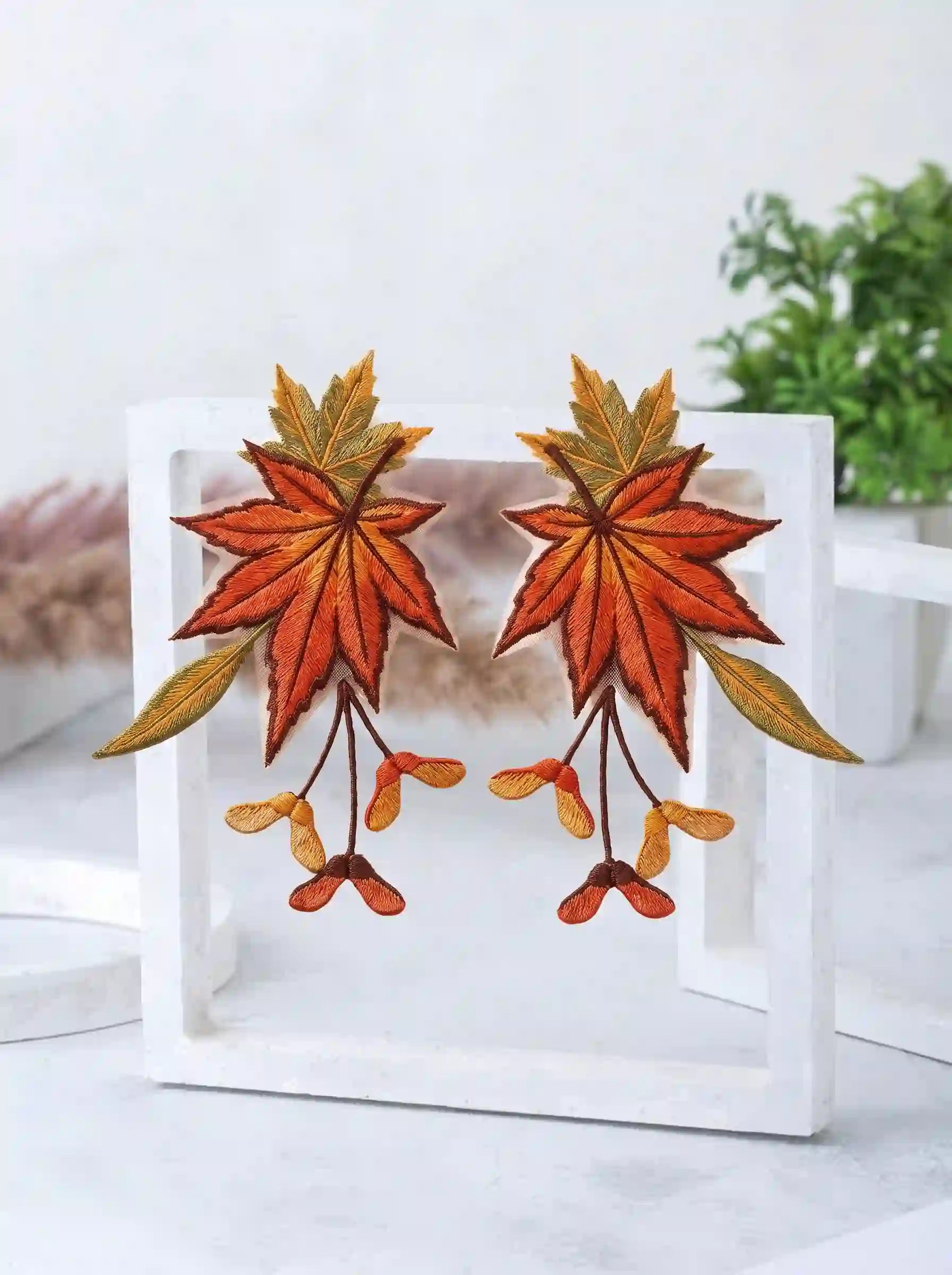 Autumn Maple Leaf Embroidery Drop Earrings